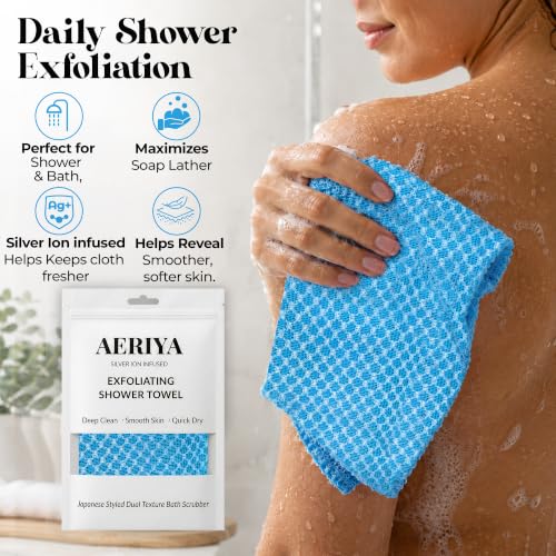 Exfoliating Washcloth – Long Japanese-Style Back Scrubber for Shower, 2-Sided Body Scrub Exfoliating Towel, Quick Dry Bath Cloth for Men & Women, Blue - color: Blue