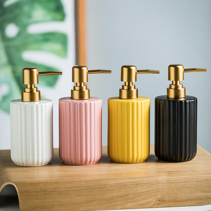 Chic Soap Dispenser, Vertical Stripe Design with Gold Pump(Black) | Cylinder-Shaped Ceramic Lotion Dispenser - color: Black