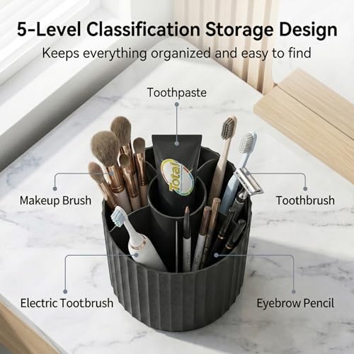 Toothbrush Holder with Sliding Lid, Toothbrush Holders for Bathrooms,360° Rotating Makeup Brush Storage Rack - Waterproof and Dustproof, Toothbrush Toothpaste Holder Beauty Brush (Black) - color: Black