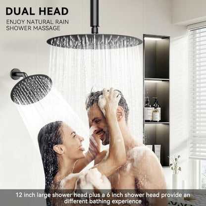 Shower Systems Shower Faucet Sets STARBATH 3 Way 12+6" Round Dual Rainfall Shower Head with Handheld Spray Combo, Ceiling Mounted Rain Shower Valve with 5 Diverter and Trim Kit Complete, Matte Black - color: Matte Black, size: 6+12 inch-04