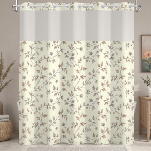 Beige Botanical Shower Curtain with Snap in Liner, 71x74 Inch | No Hooks Needed, Mesh Top & Double Layer Waterproof Bath Curtain, Neutral Plant Vine & Leaf Design for Farmhouse Bathroom - color: Foliage