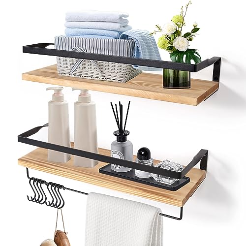 AGM Floating Shelves, 16.5 Inch Bathroom Shelf Set of 2, Wall Storage Shelf with Towel Bar & 8 Hooks, Wall Mounted Shelves for Bathroom, Bedroom, Kitchen, Living Room Decor - color: 2-light Brown+towel Bar+hook
