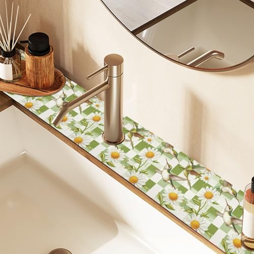 Checkered Green and White Hummingbirds Daisy Kitchen Sink Splash Guard Sink Faucet Mat Faucet Handle Drip Catcher Drain Mats for Kitchen Bathroom - color: Checkered Green and White Hummingbirds Daisy, size: 14.7x5.4in x2