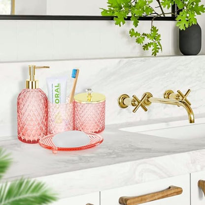Haturi Glass Bathroom Accessories Set, Light Pink Bathroom Set, 4 Pcs | Kit w/ Bathroom Soap Dispenser Set, Toothbrush Holder, Qtip Holder, Vanity Tray, Pink Bathroom Decor, Gift for Home Apartment - style: Light Pink