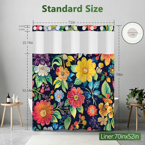 No Hook Shower Curtain with Snap in Liner, Boho Colorful Floral Shower Curtain with Mesh Top Window and Weighted Hem, 71x74 Inches Bohemian Waterproof Fabric Shower Curtain and Removable Liner Set - color: Gorgeous Daisies