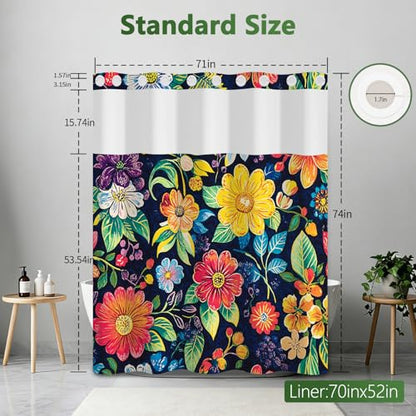 No Hook Shower Curtain with Snap in Liner, Boho Colorful Floral Shower Curtain with Mesh Top Window and Weighted Hem, 71x74 Inches Bohemian Waterproof Fabric Shower Curtain and Removable Liner Set - color: Gorgeous Daisies