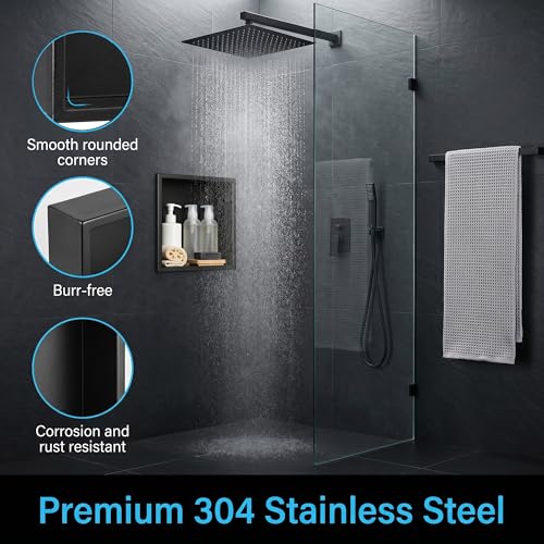 304 Stainless Steel Shower Niche 12” x 12” for Bathroom Storage | Waterproof Matte Black Recessed Shower Niche No Tile Needed with 2-Tier Shelves - size: 12 x 12 inch