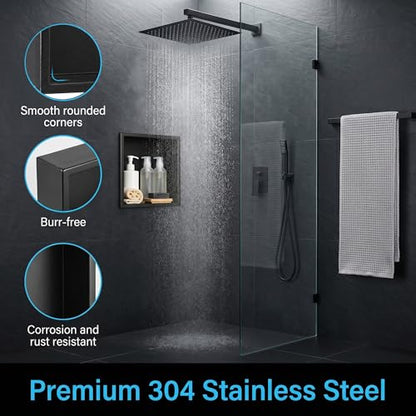 304 Stainless Steel Shower Niche 12” x 12” for Bathroom Storage | Waterproof Matte Black Recessed Shower Niche No Tile Needed with 2-Tier Shelves - size: 12 x 12 inch