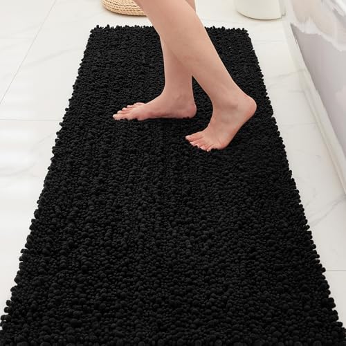 Bathroom Rugs Non Slip Washable 55x24, Extra Thick Soft Chenille Absorbent Bath Mat, High Density Barrier Non Slip Backing, Quick Dry Plush Shaggy Floor Carpet for Tub&Shower, Black - color: Black, size: 55" X 24"(Bathroom Rug)