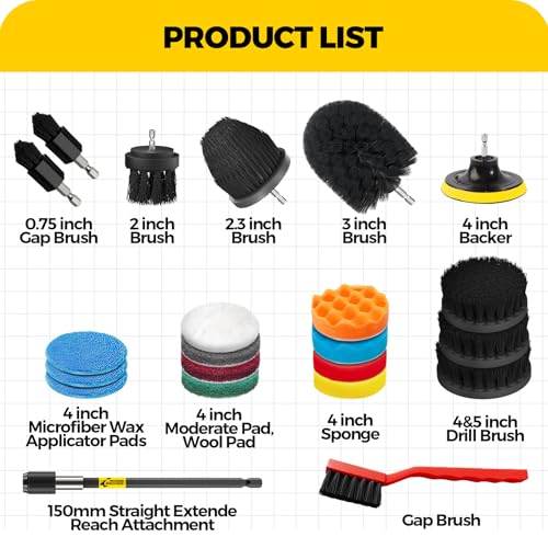 Holikme 22Pack Drill Brush Attachments Set, Scrub Pads & Sponge, Buffing Pads, Power Scrubber Brush, Car Polishing Pad Kit,Wax Applicator Pad,Car Cleaning Kit，Cleaning Supplies，Masonry Brushes,Black | Buffing Sponges, Nylon Grout Tools, Microfiber Wax Pad