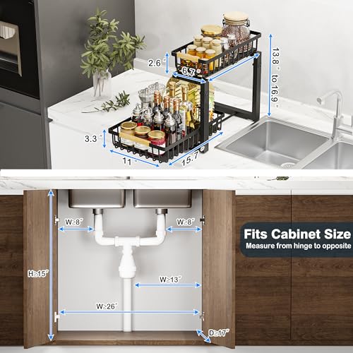 Under Sink Organizers, 2 Tier Pull Out Under Cabinet Organizer，Height Adjustable Pull Out Cabinet Drawers, Metal Sliding Drawer for Kitchen Bathroom Pantry Cabinet Closet Organization Rack，2 Packs