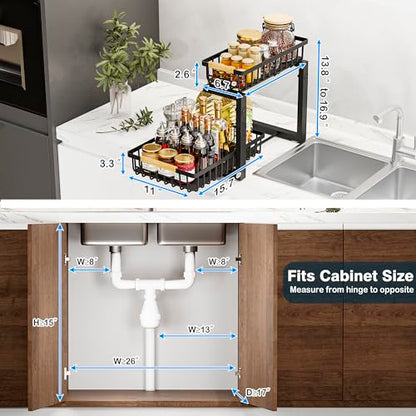 Under Sink Organizers, 2 Tier Pull Out Under Cabinet Organizer，Height Adjustable Pull Out Cabinet Drawers, Metal Sliding Drawer for Kitchen Bathroom Pantry Cabinet Closet Organization Rack，2 Packs