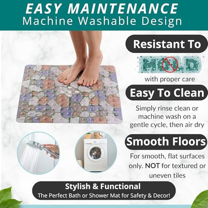 ENKOSI Square Shower Mat 21x21 inch - Anti Slip Shower Stall Floor Mat - Non Slip Shower Mats with Strong Secure Suction Cups and Drain Holes in Middle (21x21 Stone Path) - color: Stone Path