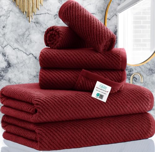 VOOVA & MOVAS 6PC Towel Set, 100% Cotton, Burgundy Red | 2 Large Bath 30x56 In, 2 Hand 18x28 In, 2 Washcloths 13x13 In, Soft, Quick Dry, Towel Gift Set - color: Burgundy - Red, size: 6 PC Bathroom Towel Set