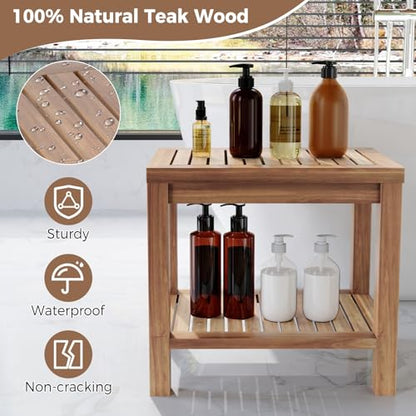 Giantex Teak Shower Bench with Shelf, 19 Inch Shower Stool with Slatted Seat for Elderly Seniors, Waterproof Bathroom Spa Bathing Seat Foot Rest Entryway Bench for Indoor and Outdoor Use - size: 19" x 12.5" x 18"