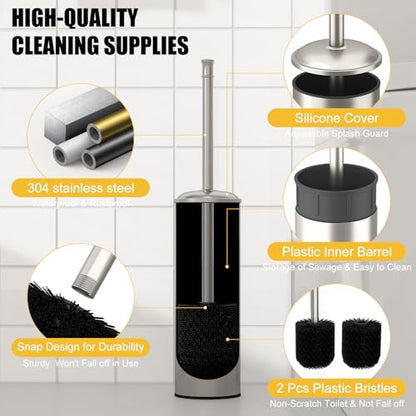 Toilet Brush and Holder, Toilet Cleaner Bowl Set with Two Brush with Extra Long Handle, Durable Bristles Toilet Scrubber and Covered Holder, Drip-Proof Stainless Steel Brushed Nickel - color: Brushed Nickel