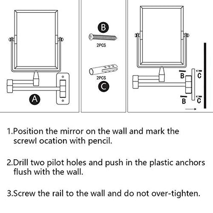 QiMH 3X Magnifying Wall Mounted Vanity Makeup Mirror | Rectangular 8x6 Inch with Extendable Arm | Polished Chrome Finish Double-Sided Swivel Mirror