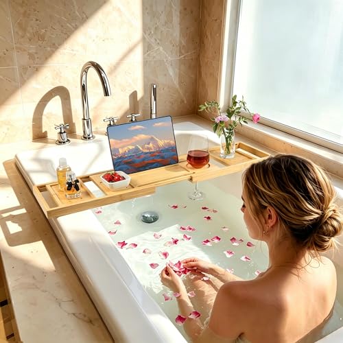 Utoplike Bamboo Bathtub Tray Caddy for Tub, Bath Table Bathroom Organizer | Adjustable, with Book Tablet Stand, Wine Glass Cup, 2 Sliding Towel Holder