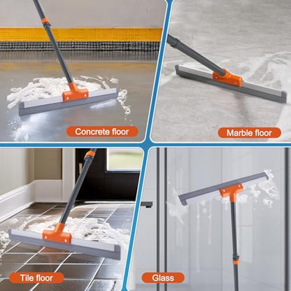 CLEANHOME Rubber Floor Squeegee with Extendable Long Handle | Concrete Floor, Tile Floor, Metal Aluminium Head, Heavy Duty Garage Shower Floor Squeegee Broom for Removing Water