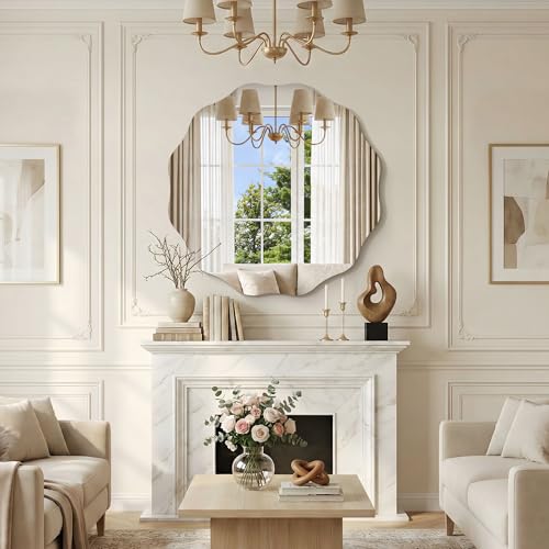 CILIBER Wavy Mirror for Wall, 30'' Scalloped Frameless Round Mirror, 3mm Tempered Glass Decorative Bathroom Vanity Mirror, Mounting/Leaning for Mantel, Living Room, Bedroom and Entryway - size: 30"L x 30"W