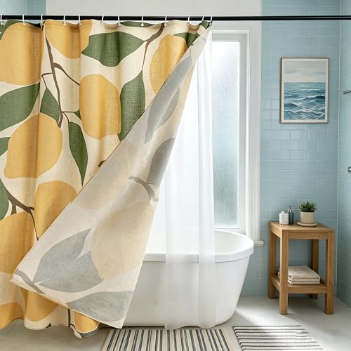 Lemons in Full Bloom Linen Shower Curtain Set with Liner,72" Wx72 L | Double Layer Shower Curtain Waterproof Fabric with Zippered Removable PEVA Liner,Boho Shower Curtain for Bathroom,Free Hooks - color: Lemon