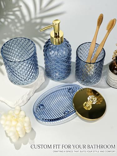 Haturi Glass Bathroom Accessories Set, Navy Blue Bathroom Set, 4 Pcs | Kit w/ Bathroom Soap Dispenser Set, Toothbrush Holder, Qtip Holder, Vanity Tray, Blue Bathroom Decor, Gift for Home Apartment - style: Navy Blue