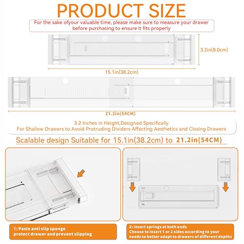 4 Pack 3.2 Inch Shallow Acrylic Drawer Dividers for Clothes -Expandable from 15-21''- Adjustable Drawer Dividers for Baby Clothing,Sock,Underwear,Clear in Drawer Separators for Dresser,Kitchen