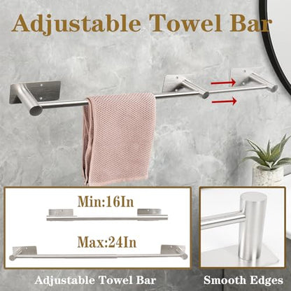 5 Pcs Self Adhesive Bathroom Hardware Set, Stainless Steel Towel Rack Set Include Adjustable 24In Bath Towel Bar+Toilet Paper Holder+3 Towel/Robe Hooks Bathroom Accessory Kit(Brushed Nickel) - color: Brushed Nickel, size: 24 In-5 Pcs