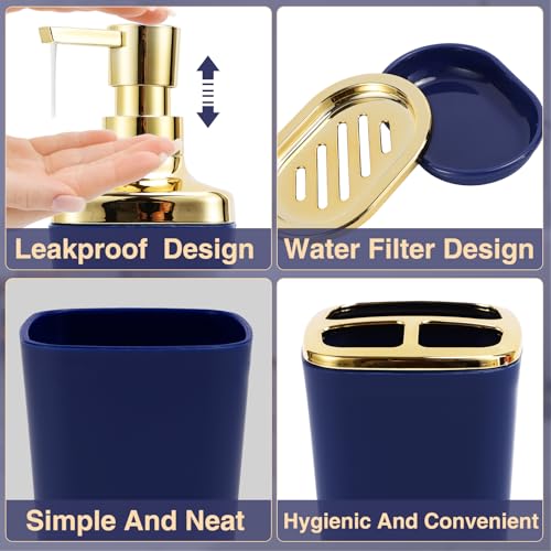 Bathroom Sets with Shower Curtain and Rugs Bathroom Accessories Set Navy Blue Bathroom Set,Soap Dispenser & Toilet Brush Holder Set with Stainless Steel Trash Can(23 PCS) - size: Navy Blue, style: Bath Set+Waffle Shower Curtain+Bath Rugs