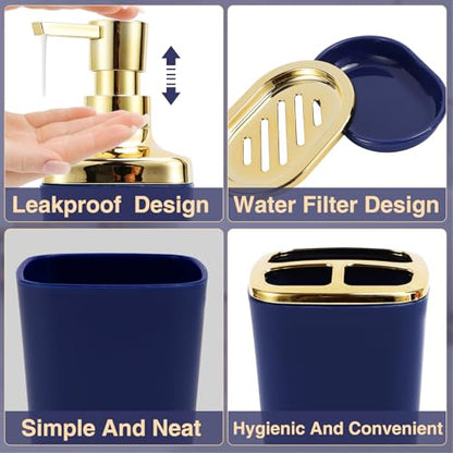 Bathroom Sets with Shower Curtain and Rugs Bathroom Accessories Set Navy Blue Bathroom Set,Soap Dispenser & Toilet Brush Holder Set with Stainless Steel Trash Can(23 PCS) - size: Navy Blue, style: Bath Set+Waffle Shower Curtain+Bath Rugs