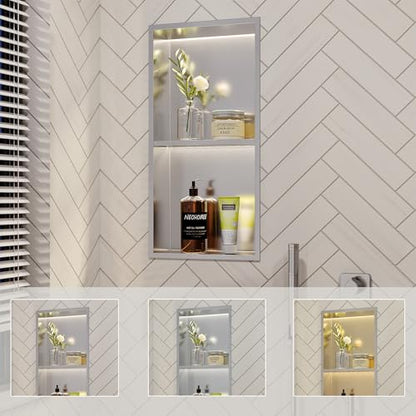 Brushed 2-Tier 3 CCT LED Niche, 12"x24" No-Tile Shower Storage | shower niche with 3-Temperature LED Strip Light (4000K/6000K/3000K),Waterproof, Sturdy&Durable,304 Stainless Steel Wall Niche - color: Brushed, size: 12X24In