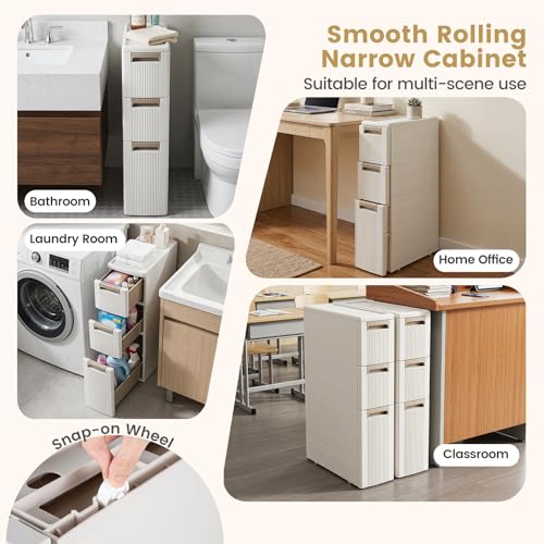 Byroce 3-Tier Narrow Storage Cabinet with Wheels, Slim Rolling Plastic Drawer Organizer with Removable Dividers, Skinny Storage Cart for Small Spaces, Bathroom & Kitchen (1PC, 3-Drawer), Beige - size: 3-Drawer