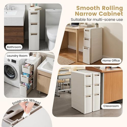 Byroce 3-Tier Narrow Storage Cabinet with Wheels, Slim Rolling Plastic Drawer Organizer with Removable Dividers, Skinny Storage Cart for Small Spaces, Bathroom & Kitchen (1PC, 3-Drawer), Beige - size: 3-Drawer