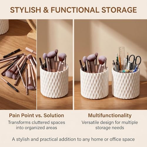 VASANA White Plastic Makeup Brush Holder Organizer 5 Slots 360 Rotating Makeup Brushes Container Round Spinning Cosmetic Storage Cup Desk Bathroom Vanity Beauty Tool for Lipsticks Eyebrow Pencils