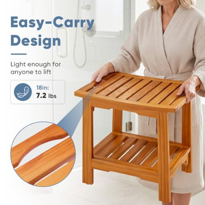 DUMOS 18" Woodern Shower Bench for Inside Shower, Waterproof Bathroom Bench | Shower Chair for Shaving Legs and Spa, Non-Slip Solid Wood Shower Stool with Handles for Senior Adult Disabled Elderly, Brown - size: 17.91"W