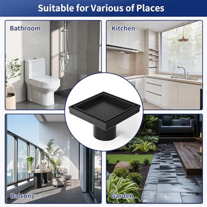 Square Shower Drain, 304 Stainless Steel Floor Drain 4" | with Tiled Insert Grate & Hair Strainer, Bathroom 2-in-1 Tiled in Drain, CUPC Certified - color: Matte Black, size: 4''