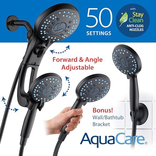AquaCare 50-mode High Pressure Shower Head Combo with Arm & Dual Power Wash | Hygienic Jets, 2-mode Handheld Power Wash for Tub, Tile & Pets, Long 6 ft. Stainless Steel Hose, Extra Wall Bracket / Black - color: Matte Black, style: 1.8 Gallons Per Minute