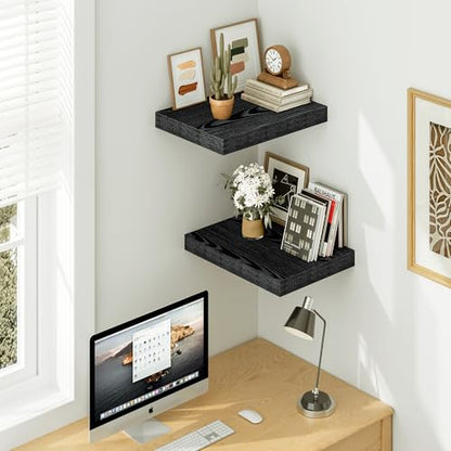 Vivelove Black Floating Shelves 12 Inch Deep, 16 X 12 Inch, Set of 2 | Invisible Brackets, Easy Mount Shelf with Hardware Kit, for Bathroom Bedroom Living Room Kitchen, Engineered Wood - color: Black, size: 16”wx12”dx1.5”h