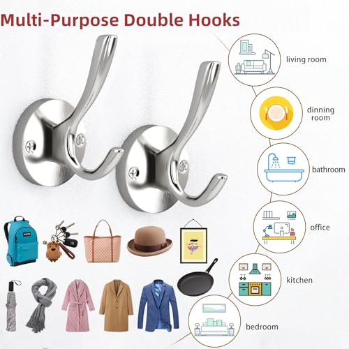 Coat Hooks for Hanging Coat Hooks for Wall Mounted Brass Wall Hooks Heavy Duty Brushed Robe Closet Hooks for Hanging Coats Entryway Metal Towel Hooks for Bathrooms (1, Silver)