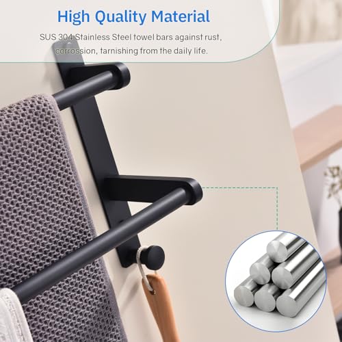Matte Black Double Towel Rack with Hooks for Bathroom, 24 Inch Stainless Steel Wall Mounted Towel Bar Holder - color: Matte Black, size: 24-Inch