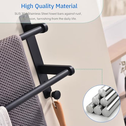 Matte Black Double Towel Rack with Hooks for Bathroom, 24 Inch Stainless Steel Wall Mounted Towel Bar Holder - color: Matte Black, size: 24-Inch