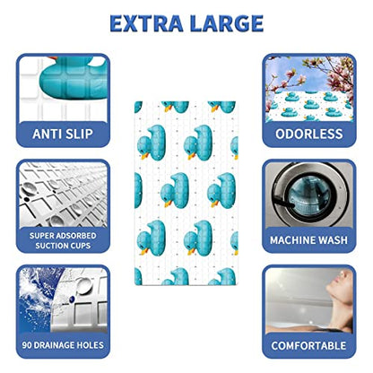 Bath Tub Mat Non Slip Shower Mat Cute Blue Duck Pattern Extra Long Bathtub Mat 26.8x15 inches Bathroom Bath Mat with Suction Cups Drain Holes Machine Washable - color: Cute Blue Duck Pattern