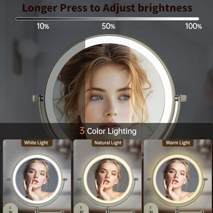 8.5" Wall Mounted Lighted Makeup Mirror, 3000 mAh Rechargeable Double-Sided 1X 10X Magnifying Mirror, 3 Color Lighting, Touch Screen Dimming, Extended Arm 360 Rotation Bathroom Mirro, Brushed Nickel - color: Brushed Nickel Wall-mounted