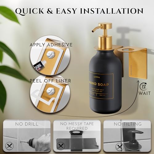 Shower Shampoo Dispenser Wall Mounted – Refillable 16.9 oz Black Bottle with Stainless Steel Pump & No-Drill Adhesive Holder – Soap Dispenser for Bathroom (1 X Black/Gold) - color: 1 X Black/Gold