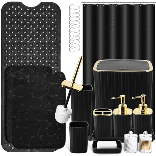XLHOMO 26PC Bathroom Accessories Set - Gorgeous Black Bathroom Set, Bathroom Accessory Set, Black Shower Curtain Set with Bathtub Mats for Shower Tub - size: Bath Set+Bathtub Mat+Shower Curtain&Rugs, style: Black&Gold