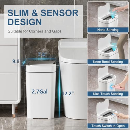 Vanpopubs 2 Pack 2.7 Gal Bathroom Trash Can with Lid, Automatic Trash Can Small Smart Garbage Can Touchless, Slim Motion Sensor Waterproof Plastic Trash Bins for Bedroom Office Kitchen Toilet - color: White