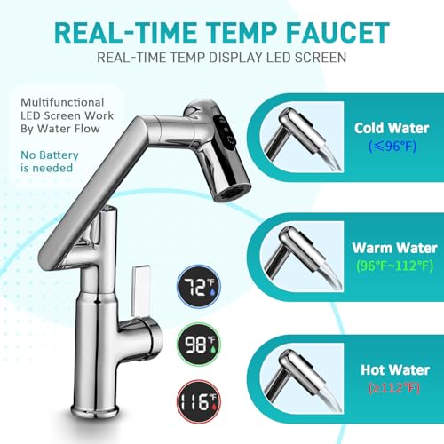 Rotatable Bathroom Faucet with Temperature Display in Fahrenheit(Batteries-Free), Height Adjustable Sink Smart Faucet with 3 Water Settings for Bathroom RV Lavatory Vanity Sink, LCF-2401, Chrome - color: Chrome - Fahrenheit