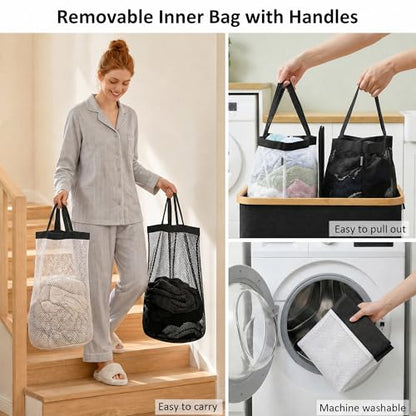 efluky Laundry Hamper with Lid, Double Laundry Basket with 2 Removable Bags, 2 Section Laundry Bin with Bamboo Handles for Bathroom, Bedroom & Laundry Room, 170L (44.9 Gallon) Black - color: Black, size: 170L Dual
