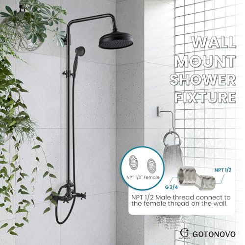gotonovo Exposed Shower System Wall Mount,Oil Rubbed Bronze,Metal Handheld | 8” Rain Shower Head Faucet Set Fixtures,2 Function,Two Cross Handle,Height Adjustable,for 5-6.7" Hole,Indoor Victorian Retro - color: Bronze