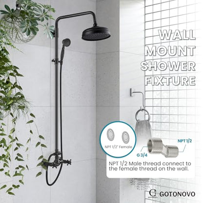 gotonovo Exposed Shower System Wall Mount,Oil Rubbed Bronze,Metal Handheld | 8” Rain Shower Head Faucet Set Fixtures,2 Function,Two Cross Handle,Height Adjustable,for 5-6.7" Hole,Indoor Victorian Retro - color: Bronze